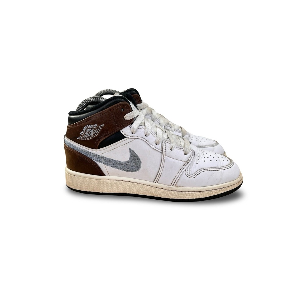 Nike Air Jordan 1 Mid Kids Size 4.5Y White Brown‎ Grey Sneakers
